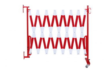 Scherengitter-4-m-Rot-Weiß-Rollenfüßen-Wandbefestigung