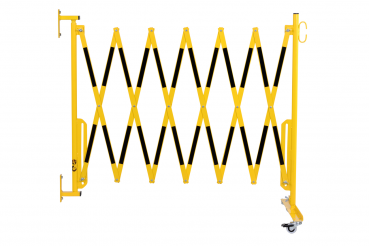 Scherengitter-3,6-m-gelb-schwarz-Rollenfüßen-Wandbefestigung