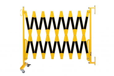 Scherengitter-4-m-gelb-schwarz-Rollenfüßen-Wandbefestigung