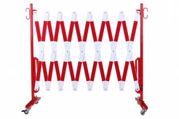 Scherengitter-4-m-Rot-Weiß-Rollenfüßen